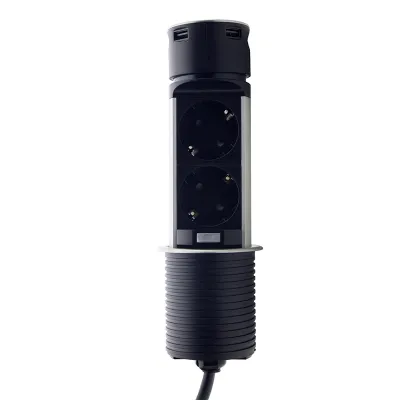 Меблева розетка (вертикальна) 2 x 16 а , 2 x USB 2,4 А, металл + провід 3 x 1.5 mm²