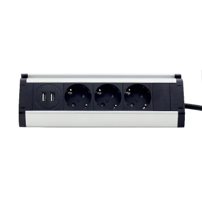 Меблева розетка кухонна (горизонтальна) 3 x 16 а , 2 x USB 2,4 А, метал + провід 3 x 1.5 mm² EH-AR-307