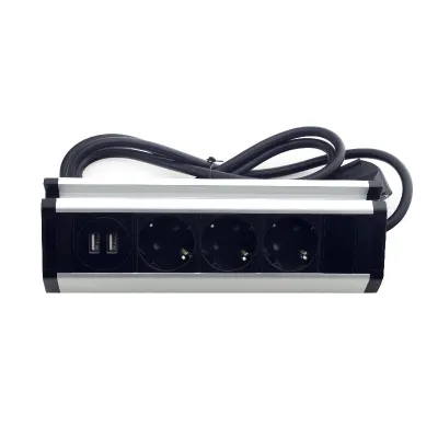 Меблева розетка кухонна (горизонтальна) 3 x 16 а , 2 x USB 2,4 А, метал + провід 3 x 1.5 mm² EH-AR-307