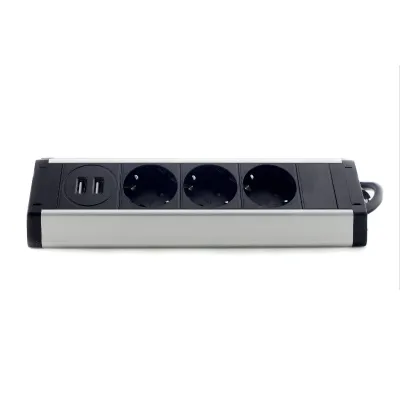 Меблева розетка кухонна (горизонтальна) 3 x 16 а , 2 x USB 2,4 А, метал + провід 3 x 1.5 mm² EH-AR-307