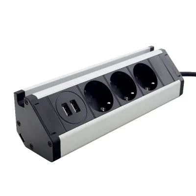 Меблева розетка кухонна (горизонтальна)  3 x 16 а , 2 x USB 2,4 А, метал + провід 3 x 1.5 mm²