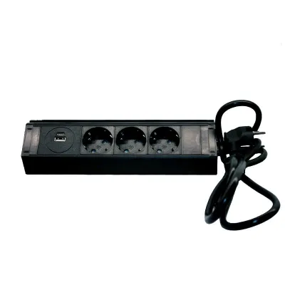 Меблева розетка кухонна (горизонтальна) 3 x 16 а , USB A+C 3,4 А, метал + провід 3 x 1.5 mm² EH-AR-308