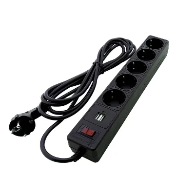 Мережевий фільтр 5 гнізд із заземленням, 3 м , 2USB, захисні шторки чорний EH-NFBU-5.3