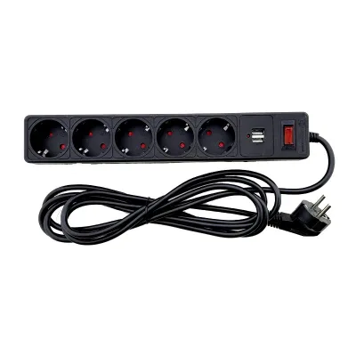 Мережевий фільтр 5  гнізд із заземленням, 3 м , 2USB, захисні шторки чорний
