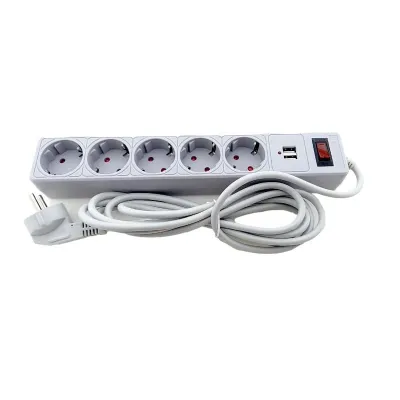 Мережевий фільтр 5 гнізд із заземленням, 3 м , 2USB, захисні шторки сірий EH-NFGU-5.3