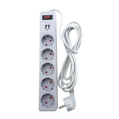 Мережевий фільтр 5 гнізд із заземленням, 3 м , 2USB, захисні шторки сірий EH-NFGU-5.3
