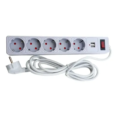Мережевий фільтр 5  гнізд із заземленням, 3 м , 2USB, захисні шторки сірий