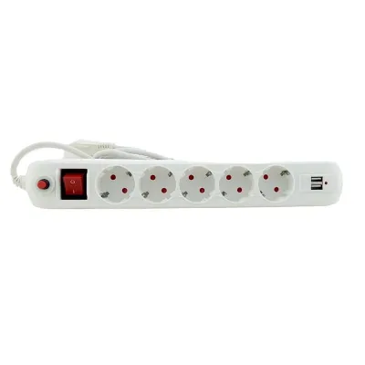 Подовжувач 5 гнізд із заземленням, 3 м , 2USB, з кнопкою перевантаження та вимикачем білий EH-NFW-5.3ex