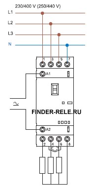 Схема підключення контактора модульного Finder 22.34