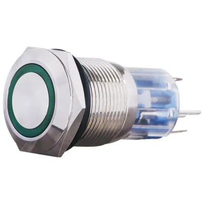 TYJ 19-271 Кнопка металлическая плоская с подсветкой, 1NO + 1NC, зеленый 220V. ACKO A0140010113