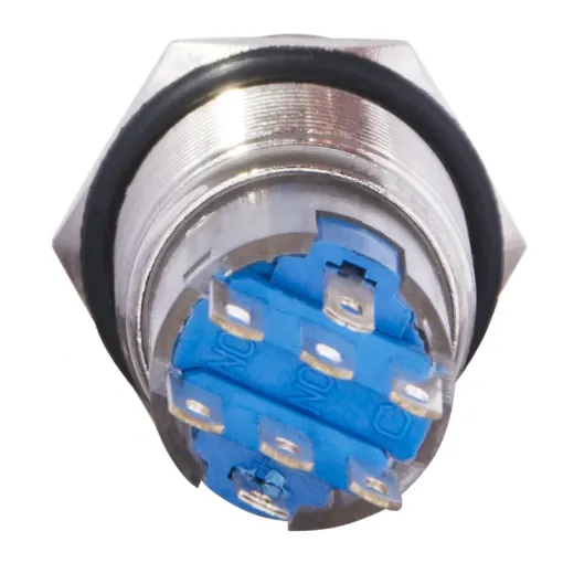 TYJ 19-272 Кнопка металлическая плоская с подсветкой, 2NO + 2NC, желтая 220V.