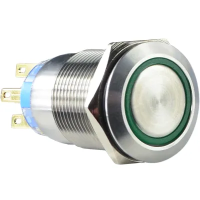 TYJ 19-272 Кнопка металлическая плоская с подсветкой, 2NO + 2NC, зеленый 220V. ACKO A0140010116