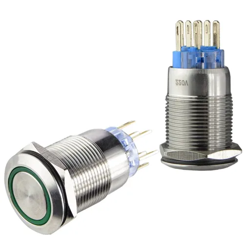 TYJ 19-272 Кнопка металлическая плоская с подсветкой, 2NO + 2NC, зеленый 220V.