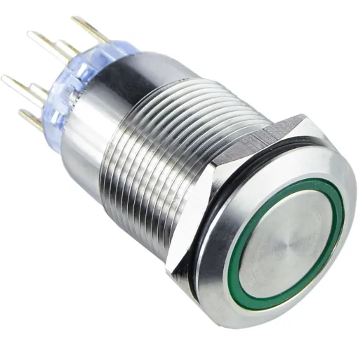 TYJ 19-272 Кнопка металлическая плоская с подсветкой, 2NO + 2NC, зеленый 220V.