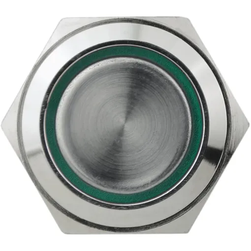 TYJ 19-272 Кнопка металлическая плоская с подсветкой, 2NO + 2NC, зеленый 220V.