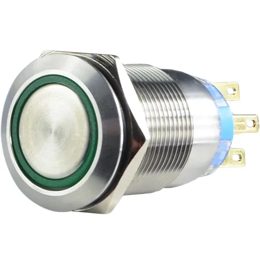 TYJ 19-272 Кнопка металлическая плоская с подсветкой, 2NO + 2NC, зеленый 220V.