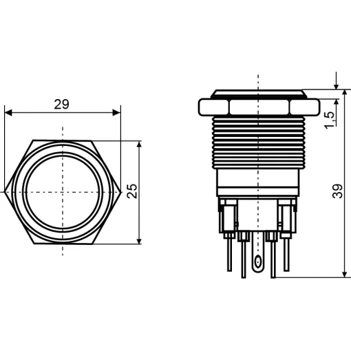TYJ 22-271 Кнопка металлическая плоская с подсветкой, 1NO + 1NC, желтая 220V.
