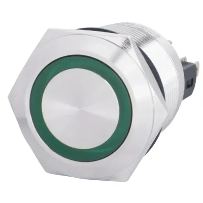 TYJ 22-271 Кнопка металлическая плоская с подсветкой, 1NO + 1NC, зеленый 220V. ACKO A0140010132