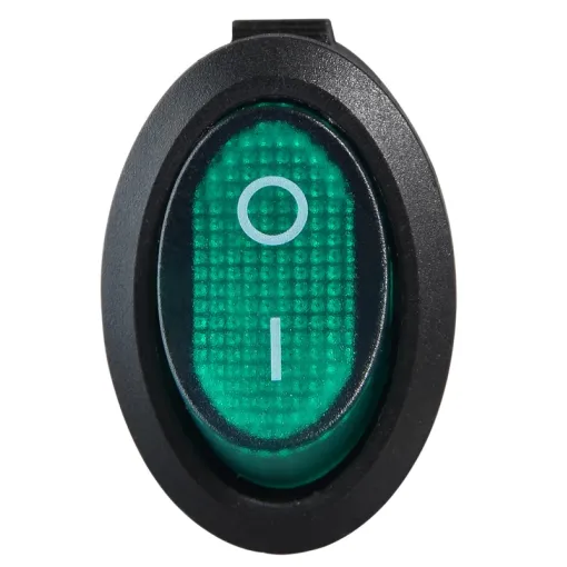 KCD1-9-101N C3-GR/B 220V Перемикач 1 клав. овал. зелений з підсвічуванням