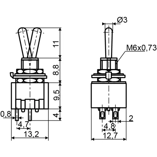 Тумблер MTS-201 ON-OFF 2Пол. 4Конт.