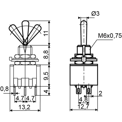 Тумблер MTS-202 ON-ON 2Пол. 6Конт. Тумблер MTS-202 ON-ON 2Пол. 6Конт.