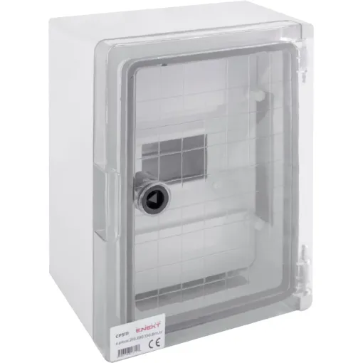 Корпус удароміцний з АБС-пластика e.plbox.210.280.130.8m.tr, 210х280х130мм, IP65 з прозорими дверцятами та панеллю під 8 модулів ENEXT