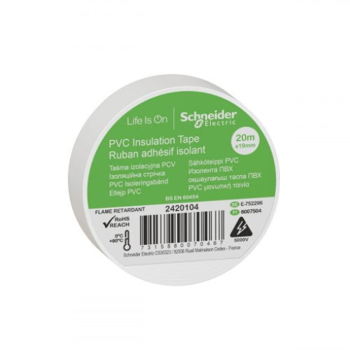 Ізоляційна стрічка ПВХ, 19mm x 20m, Schneider Electric 2420104, білий