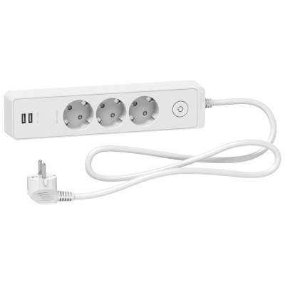 Подовжувач UNICA EXTEND на 3 розетки з заземленням+2*USB-РОЗЕТКИ, 1.5М, білий ST943U1W