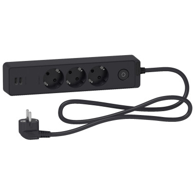 Подовжувач UNICA EXTEND на 3 розетки з заземленням+2*USB-РОЗЕТКИ, 1.5М, чорний ST943U1B
