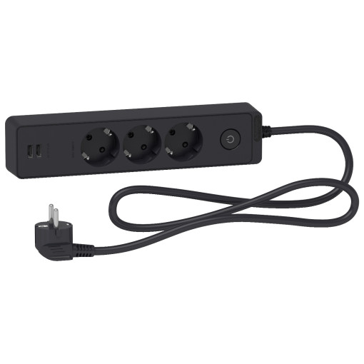 Подовжувач UNICA EXTEND на 3 розетки с заземлением+2*USB-РОЗЕТКИ, 1.5М, чёрный ST943U1B