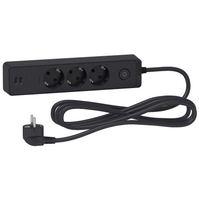 Подовжувач UNICA EXTEND на 3 розетки з заземленням+2*USB-РОЗЕТКИ, 3М, чорний ST943U3B
