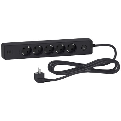 Подовжувач UNICA EXTEND на 5 розеток з заземленням+2*USB-РОЗЕТКИ, 3М, чорний ST945U3B