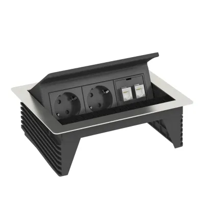 Выдвижной розеточный блок OBO Bettermann  с крышкой на 2 розетки 2р+E 250V AC+2 RJ45 Cat.6 кабель 3м из нержавеющей стали 6116802