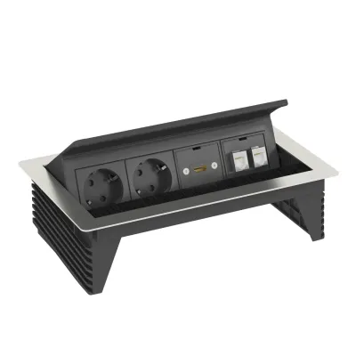 Выдвижной розеточный блок OBO Bettermann  с крышкой на 3 розетки 2р+E 250V AC+2 RJ45 Cat.6+HDMI кабель 3м из нержавеющей стали 6116810