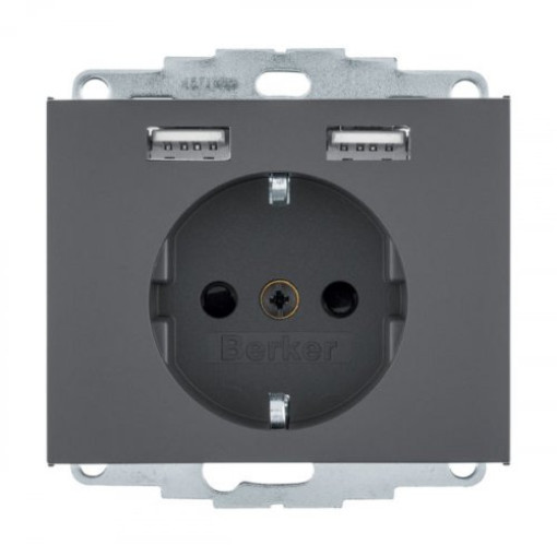 Розетка с з/к 16А/250В + 2хUSB/2.4A, антрацит K.1