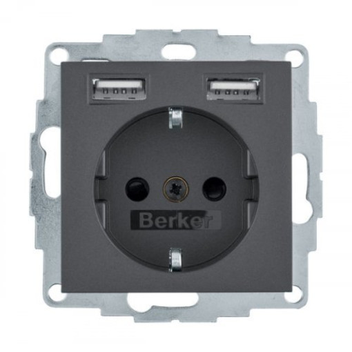 Розетка з з/к 16А/250В + 2хUSB/2.4A, антрацит S.1