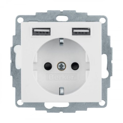 Розетка з з/к 16А/250В + 2хUSB/2.4A, пол.білизна-matt S.1