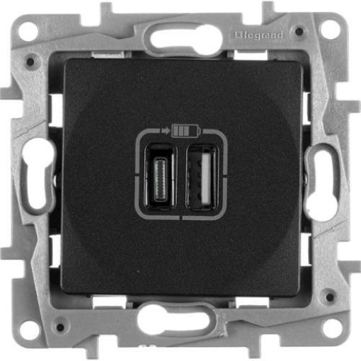 Розетка с двумя USB-разъемами тип A + тип C 240V/5V 3000мА Legrand Etika 672636, цвет антрацит