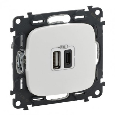 Розетка з двома USB-роз`ємами тип A + тип C 240V/5V 3000мА Legrand Valena Allure 754965, колір білий Розетка з двома USB-роз`ємами тип A + тип C 240V/5V 3000мА Legrand Valena Allure 754965, колір білий