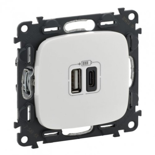 Розетка з двома USB-роз`ємами тип A + тип C 240V/5V 3000мА Legrand Valena Allure 754965, колір білий
