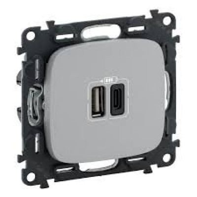 Розетка з двома USB-роз`ємами тип A + тип C 240V/5V 3000мА Legrand Valena Allure 754967, колір алюміній