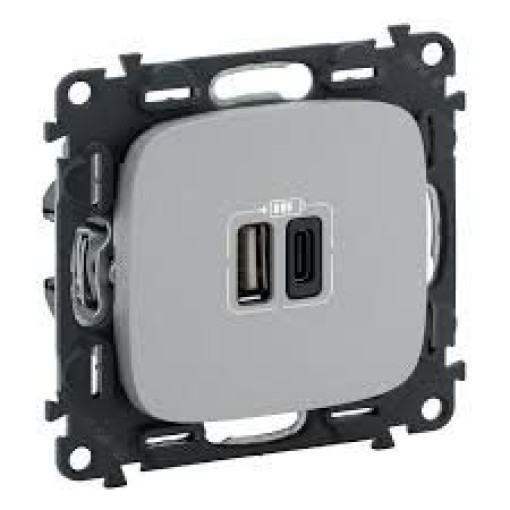 Розетка з двома USB-роз`ємами тип A + тип C 240V/5V 3000мА Legrand Valena Allure 754967, колір алюміній