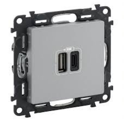 Розетка з двома USB-роз`ємами тип A + тип C 240V/5V 3000мА Legrand Valena Life 753306, колір алюміній