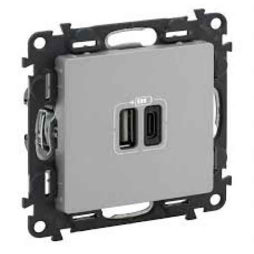 Розетка з двома USB-роз`ємами тип A + тип C 240V/5V 3000мА Legrand Valena Life 753306, колір алюміній