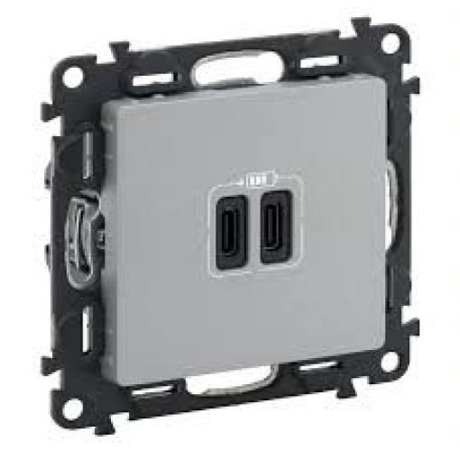 Розетка з двома USB-роз`ємами тип C + тип C 240V/5V 3000мА Legrand Valena Life 753307, колір алюміній