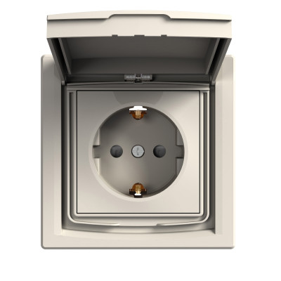 Розетка IP44 з кришкою, з заземленням, з захисними шторками, крем ASFORA EPH3100323