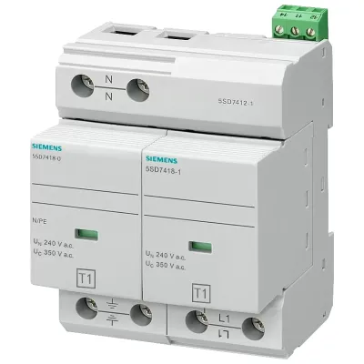 Разрядник молниезащиты тип 1 REQUIREMENT категория B, UC 350V PLUG-IN PROTECTION BLOCKS 2-полюса, 1+1 CIRCUIT для TN-S AND TT-SYSTEMS W. REMOTE DISPLAY Siemens 5SD7412-1