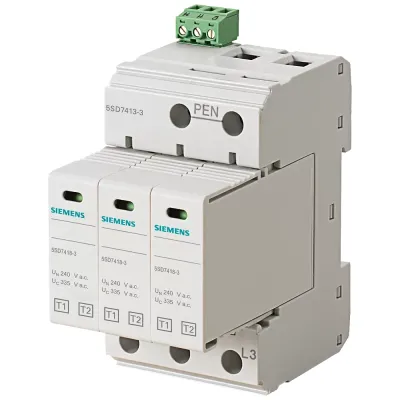 Розрядників блискавкозахисту тип 1, UN 240/400V, UC 335V AC, PLUGGABLE PROTECTION MODULES, 3 + 0 CIRCUIT (TN-C), WIDTH 54MM REMOTE CONTROL Siemens 5SD7413-3