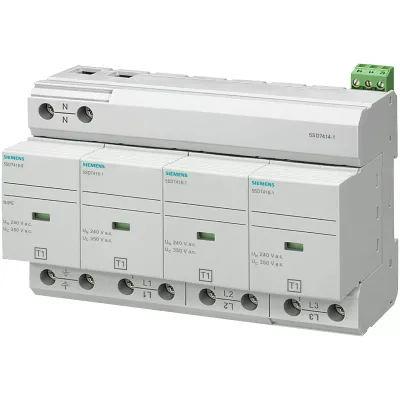 Разрядник молниезащиты тип 1 REQUIREMENT категория B, UC 350V PLUG-IN PROTECTION BLOCKS 4-полюса, 3+1 CIRCUIT для TN-S AND TT-SYSTEMS W. REMOTE DISPLAY Siemens 5SD7414-1