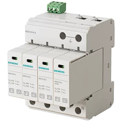 Разрядник молниезащиты тип 1, UN 240/400V, UC 335/264V A.C., PLUGGABLE PROTECTION MODULES, 3+1 CIRCUIT (TN-S, TT), WIDTH 72MM REMOTE CONTROL Siemens 5SD7414-3